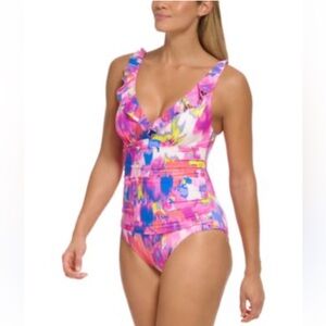 DKNY Size 18 Ruffle Neck One-Piece Floral Slimming UV Protection Swimsuit